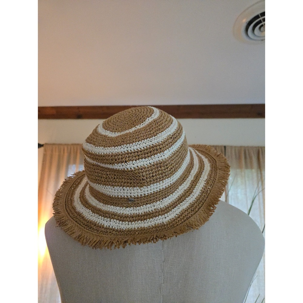 RAG & BONE Addison Striped Crochet Straw Bucket Hat Tan White S/M
